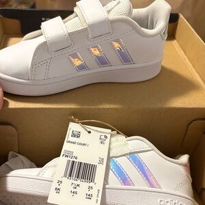 Adidas Kids' Grand Court White Sneakers with Iridescent Stripes